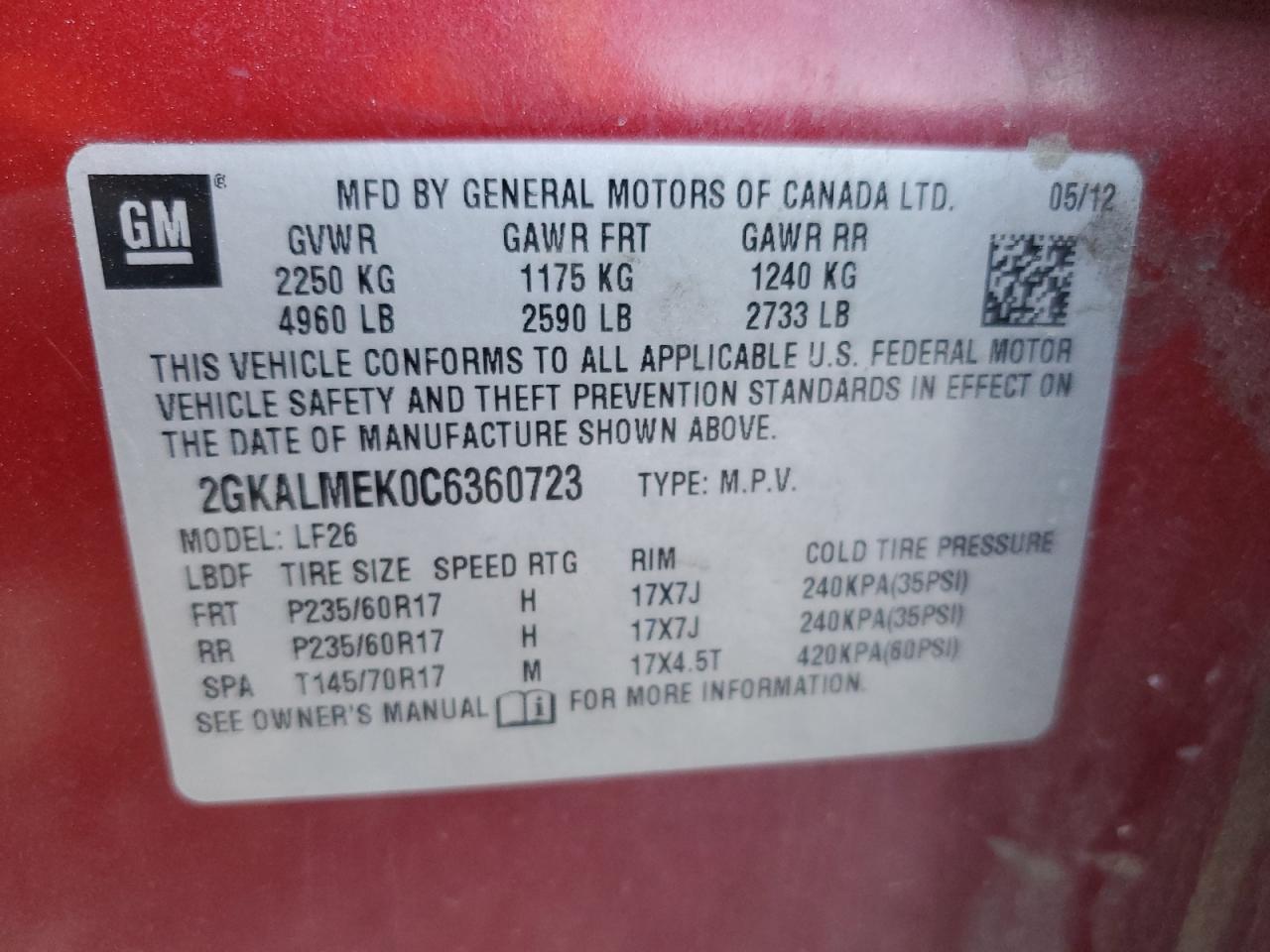 2012 GMC Terrain Sle VIN: 2GKALMEK0C6360723 Lot: 93145855