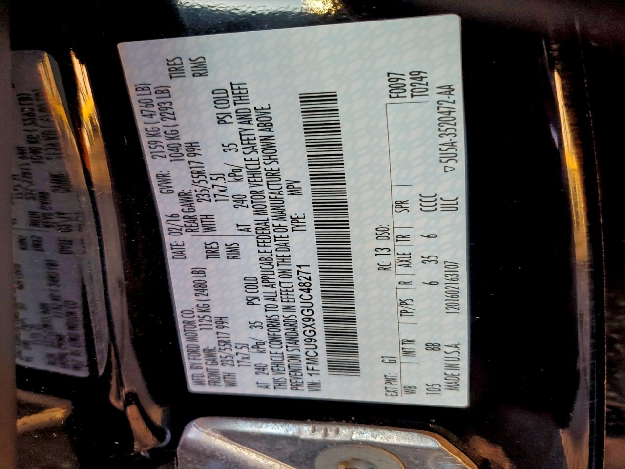 2016 Ford Escape Se VIN: 1FMCU9GX9GUC48271 Lot: 94356575