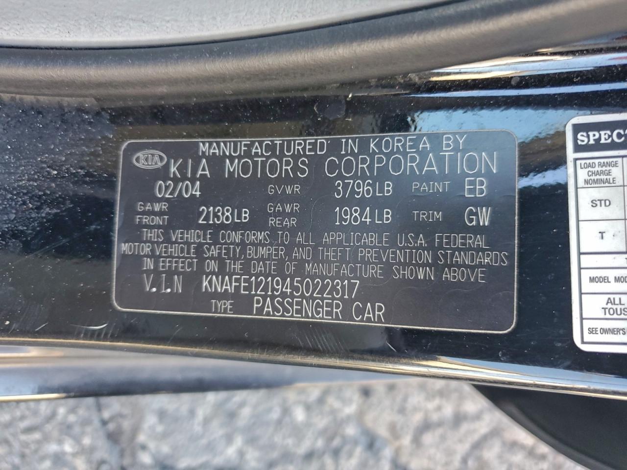 2004 Kia Spectra Lx VIN: KNAFE121945022317 Lot: 94691425