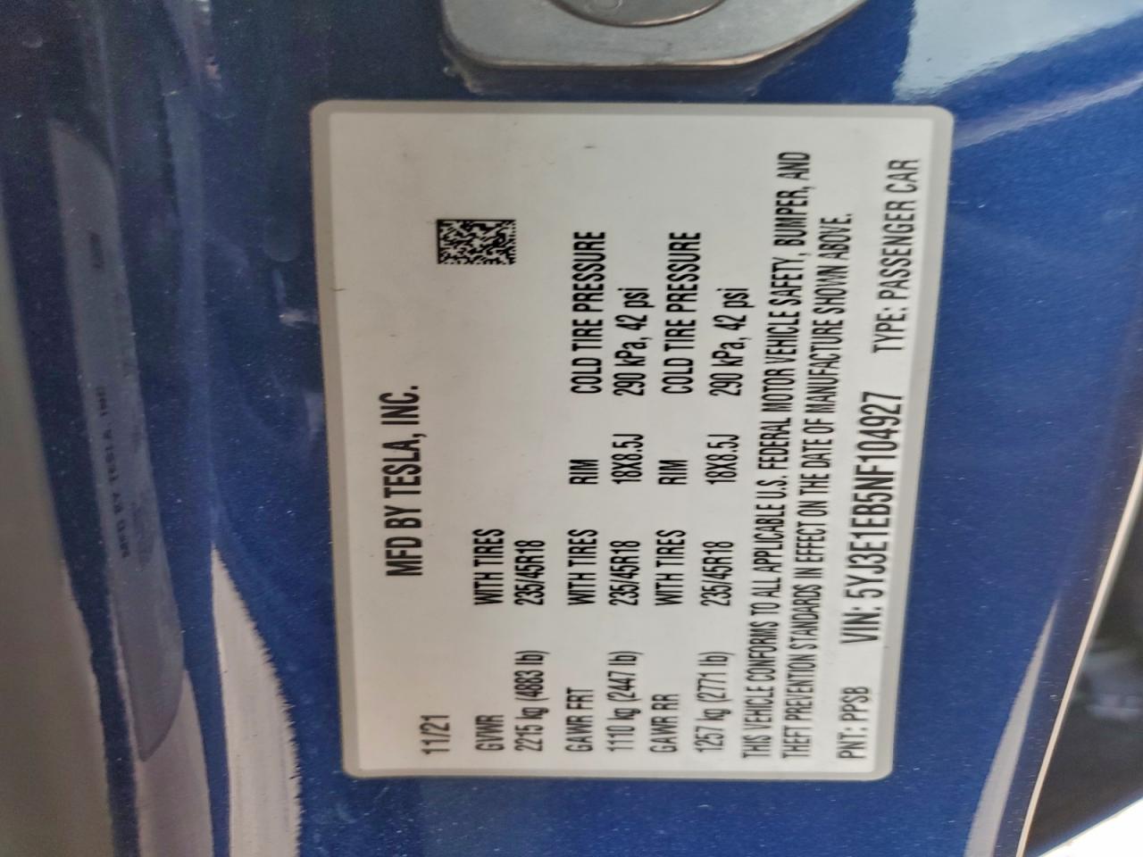 2022 Tesla Model 3 VIN: 5YJ3E1EB5NF104927 Lot: 94143695