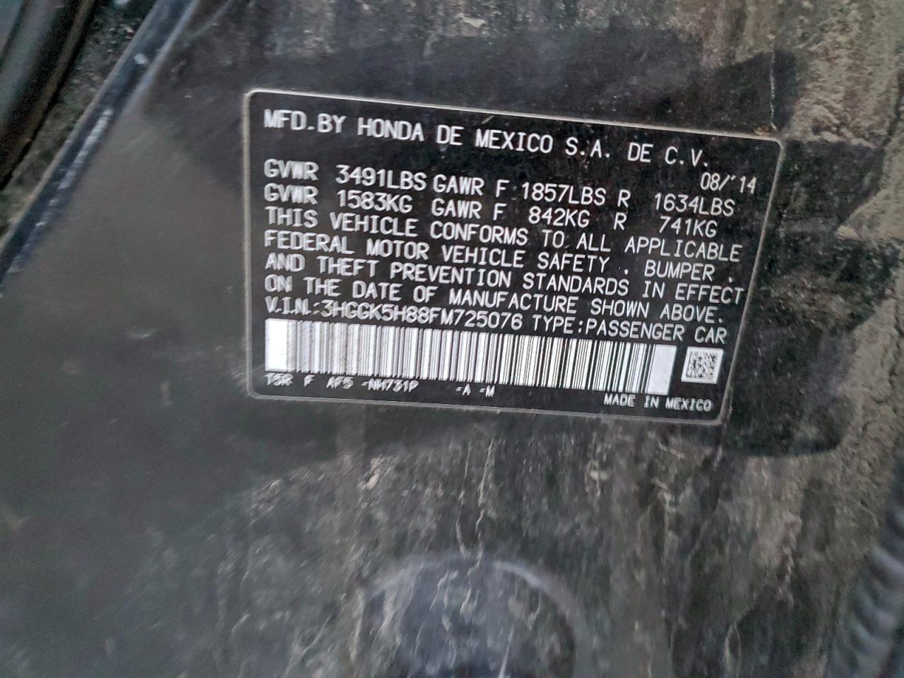 2015 Honda Fit Ex VIN: 3HGGK5H88FM725076 Lot: 93965555