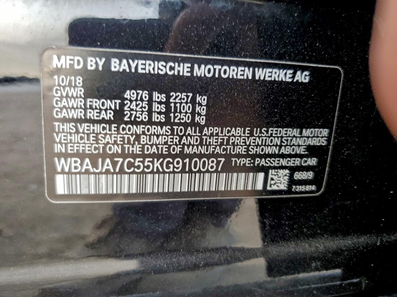 2019 BMW 530 Xi VIN: WBAJA7C55KG910087 Lot: 94245425