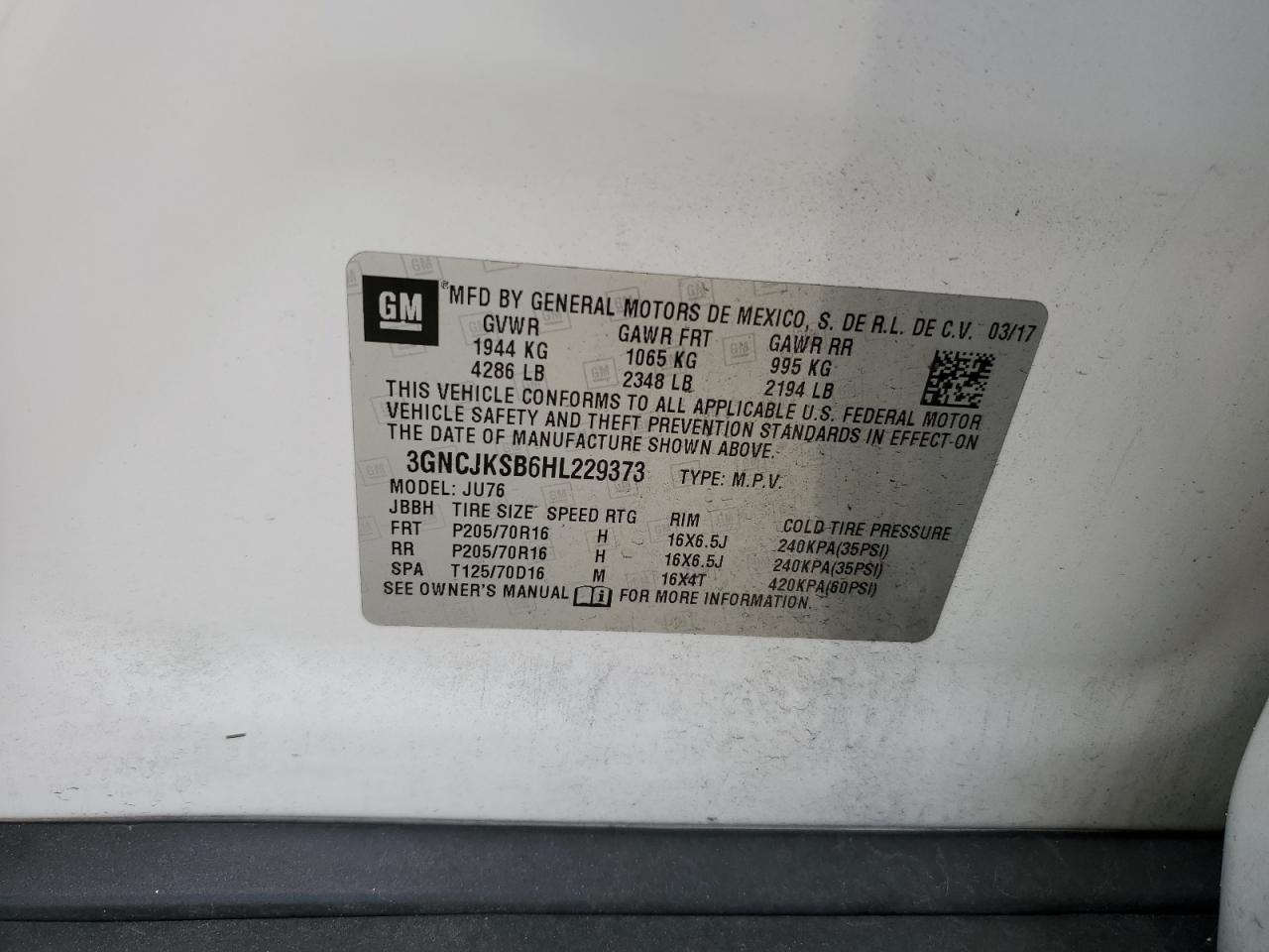 2017 Chevrolet Trax Ls VIN: 3GNCJKSB6HL229373 Lot: 92798195