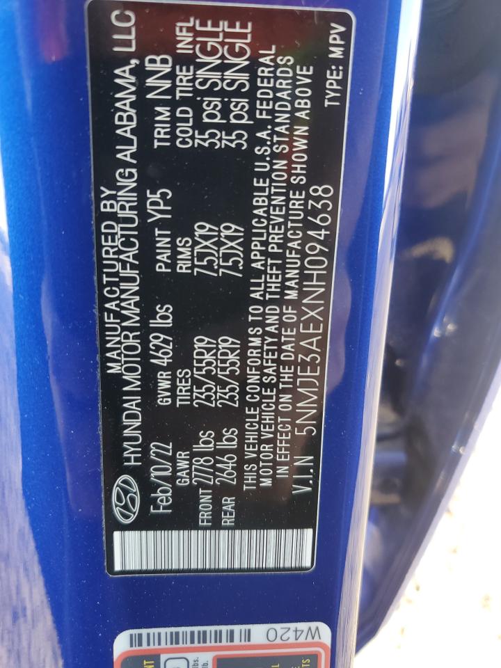 2022 Hyundai Tucson Limited VIN: 5NMJE3AEXNH094638 Lot: 91010645