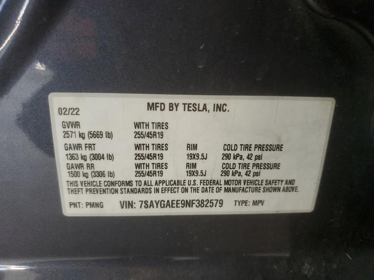 2022 Tesla Model Y VIN: 7SAYGAEE9NF382579 Lot: 93141675