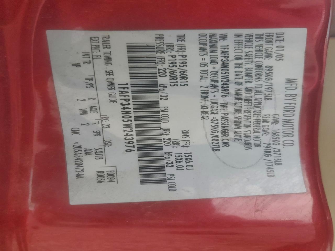 2005 Ford Focus Zx4 VIN: 1FAFP34N05W243976 Lot: 94519405