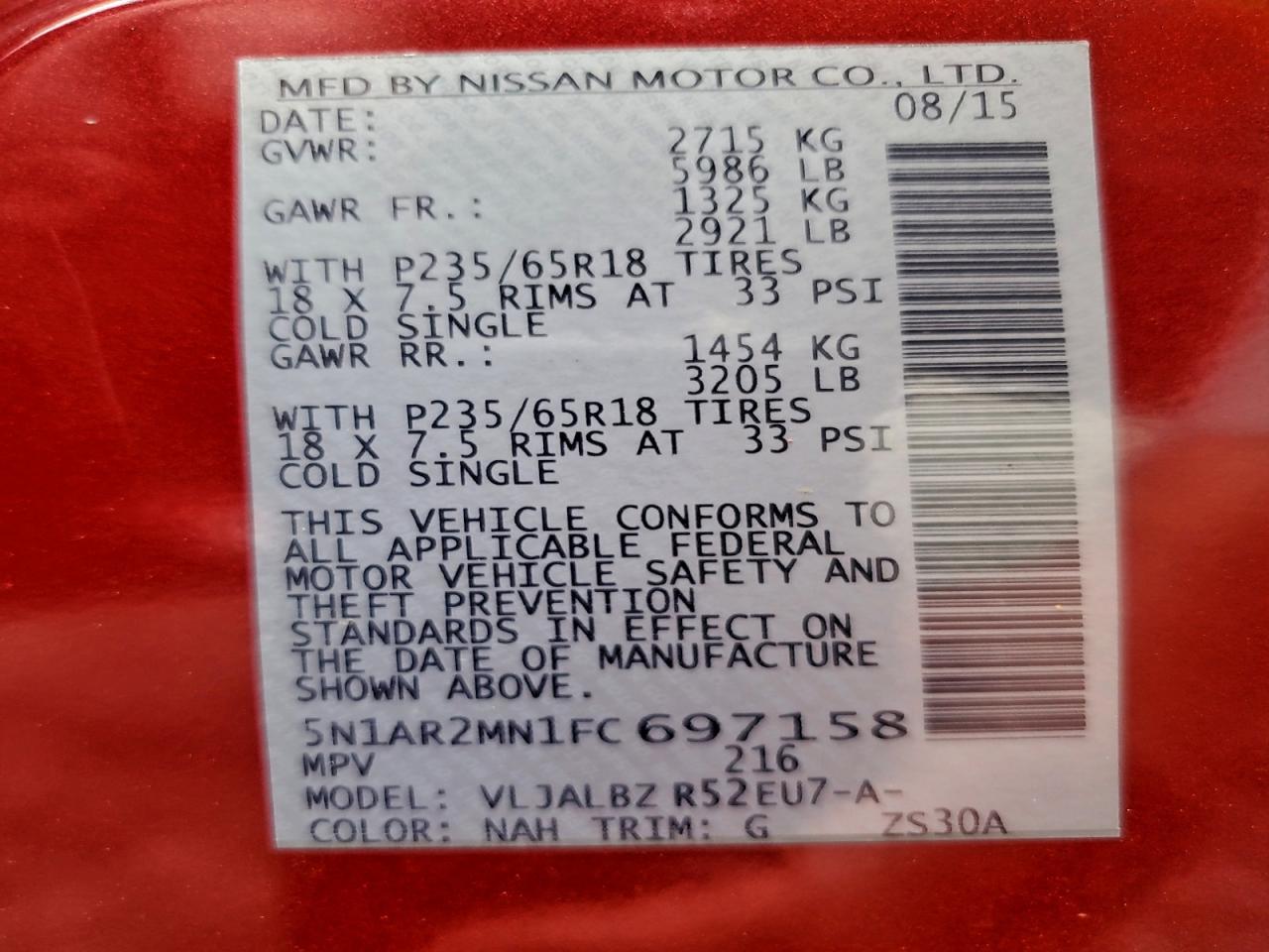 2015 Nissan Pathfinder S VIN: 5N1AR2MN1FC697158 Lot: 93969105