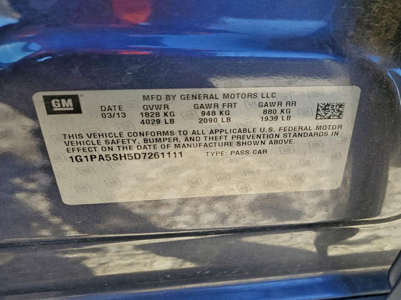 2013 Chevrolet Cruze Ls VIN: 1G1PA5SH5D7261111 Lot: 94051755