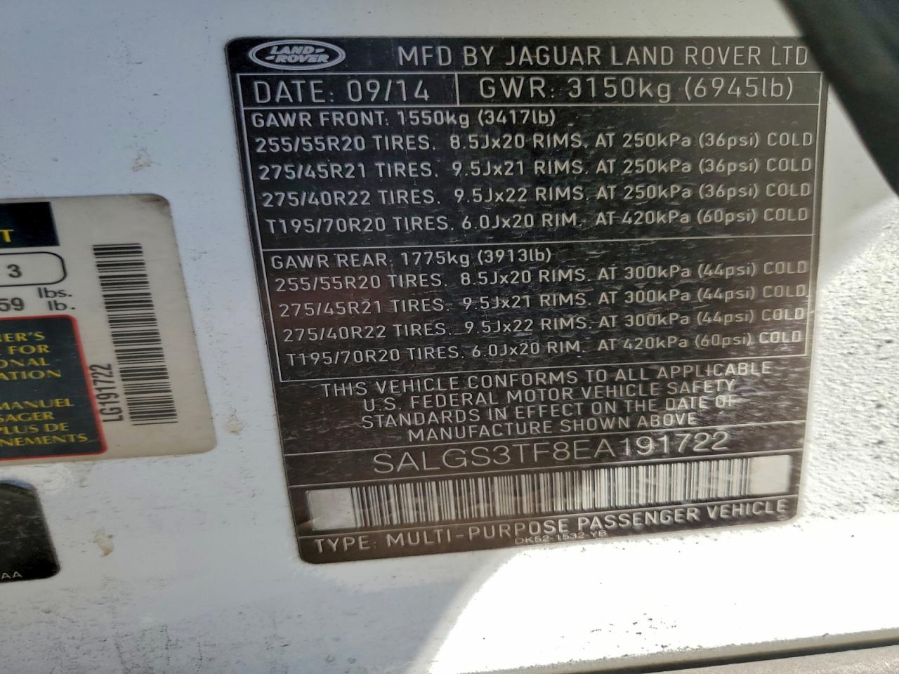 2014 Land Rover Range Rover Supercharged VIN: SALGS3TF8EA191722 Lot: 94301735