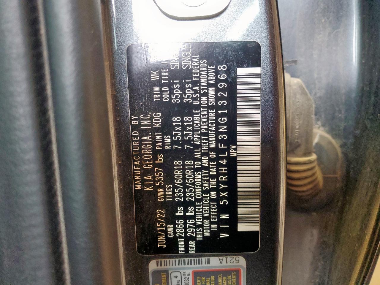 2022 Kia Sorento Ex VIN: 5XYRH4LF3NG132968 Lot: 93204485