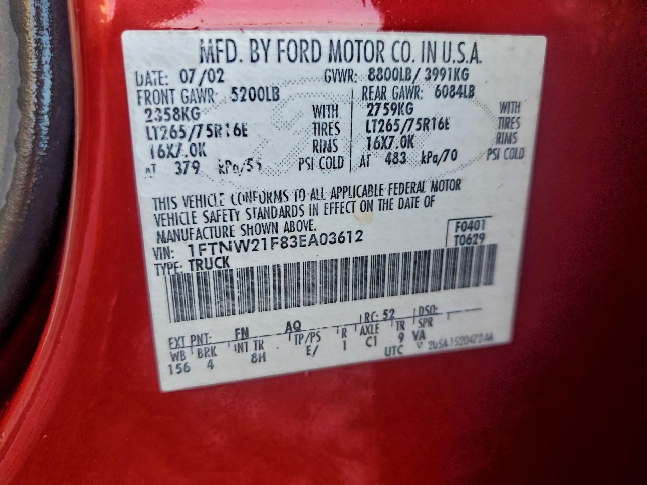 2003 Ford F250 Super Duty VIN: 1FTNW21F83EA03612 Lot: 94685005