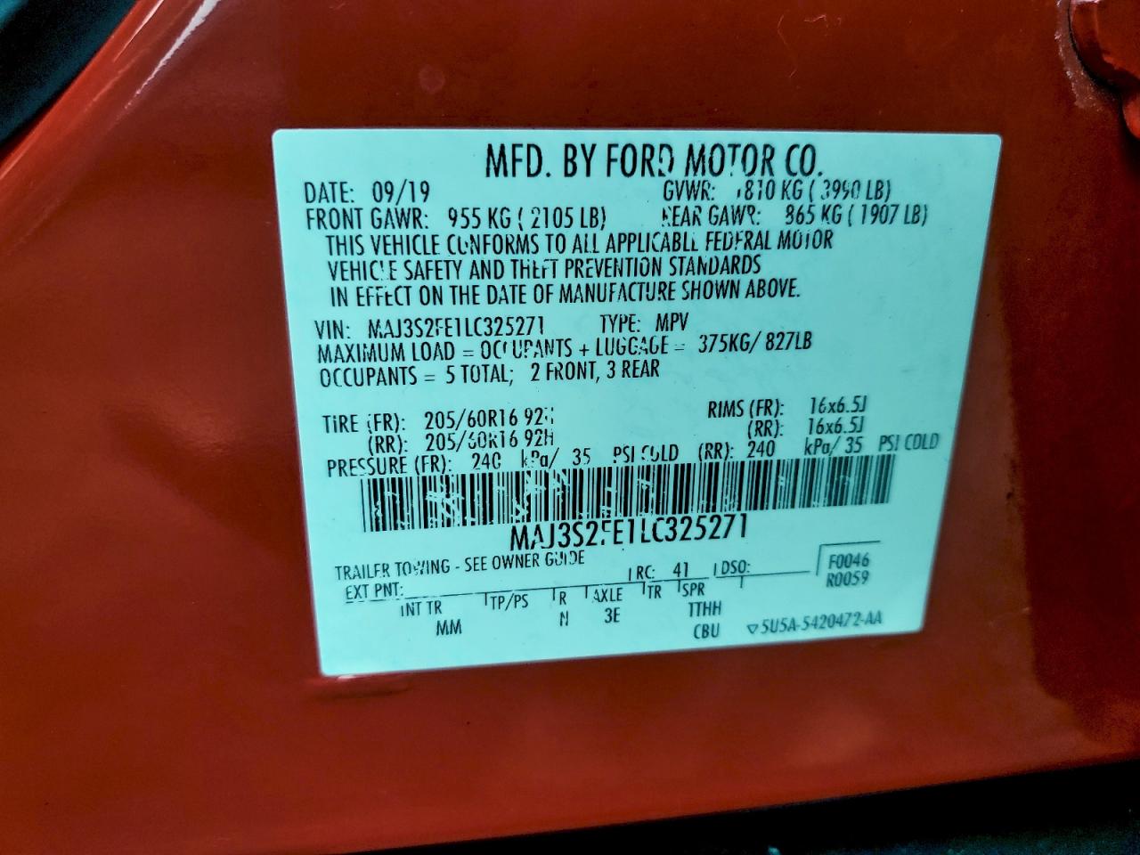 2020 Ford Ecosport S VIN: MAJ3S2FE1LC325271 Lot: 93539175