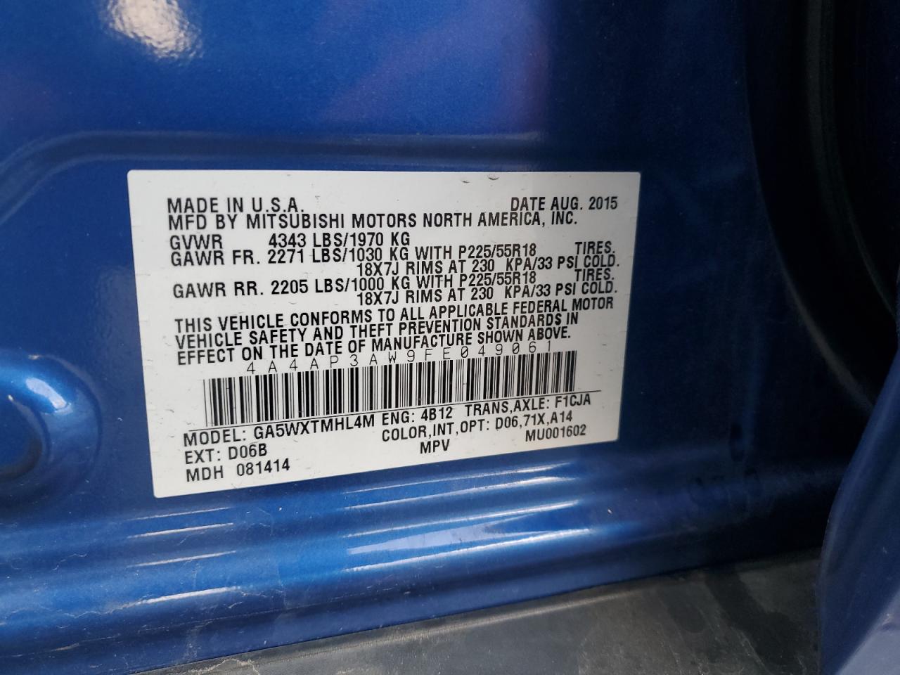 2015 Mitsubishi Outlander Sport Es VIN: 4A4AP3AW9FE049061 Lot: 93024745