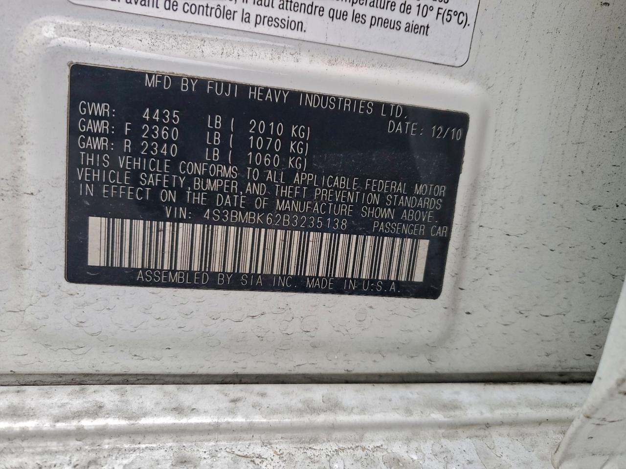 2011 Subaru Legacy 2.5I Limited VIN: 4S3BMBK62B3235138 Lot: 94573255