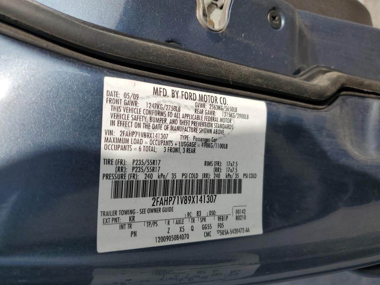 2009 Ford Crown Victoria Police Interceptor VIN: 2FAHP71V89X141307 Lot: 91411895