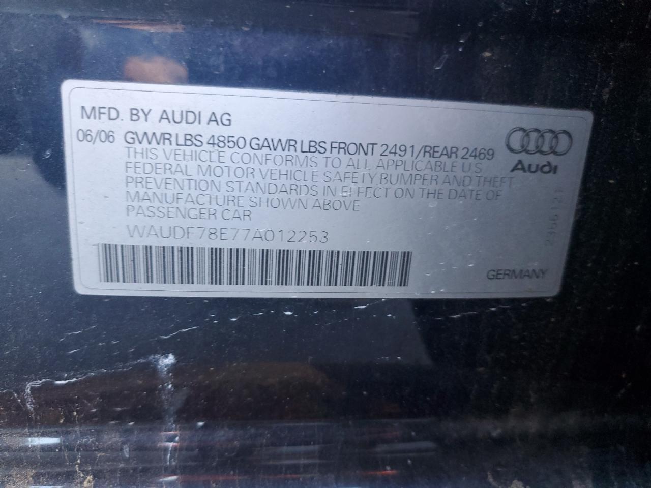 2007 Audi A4 2.0T Quattro VIN: WAUDF78E77A012253 Lot: 91242735