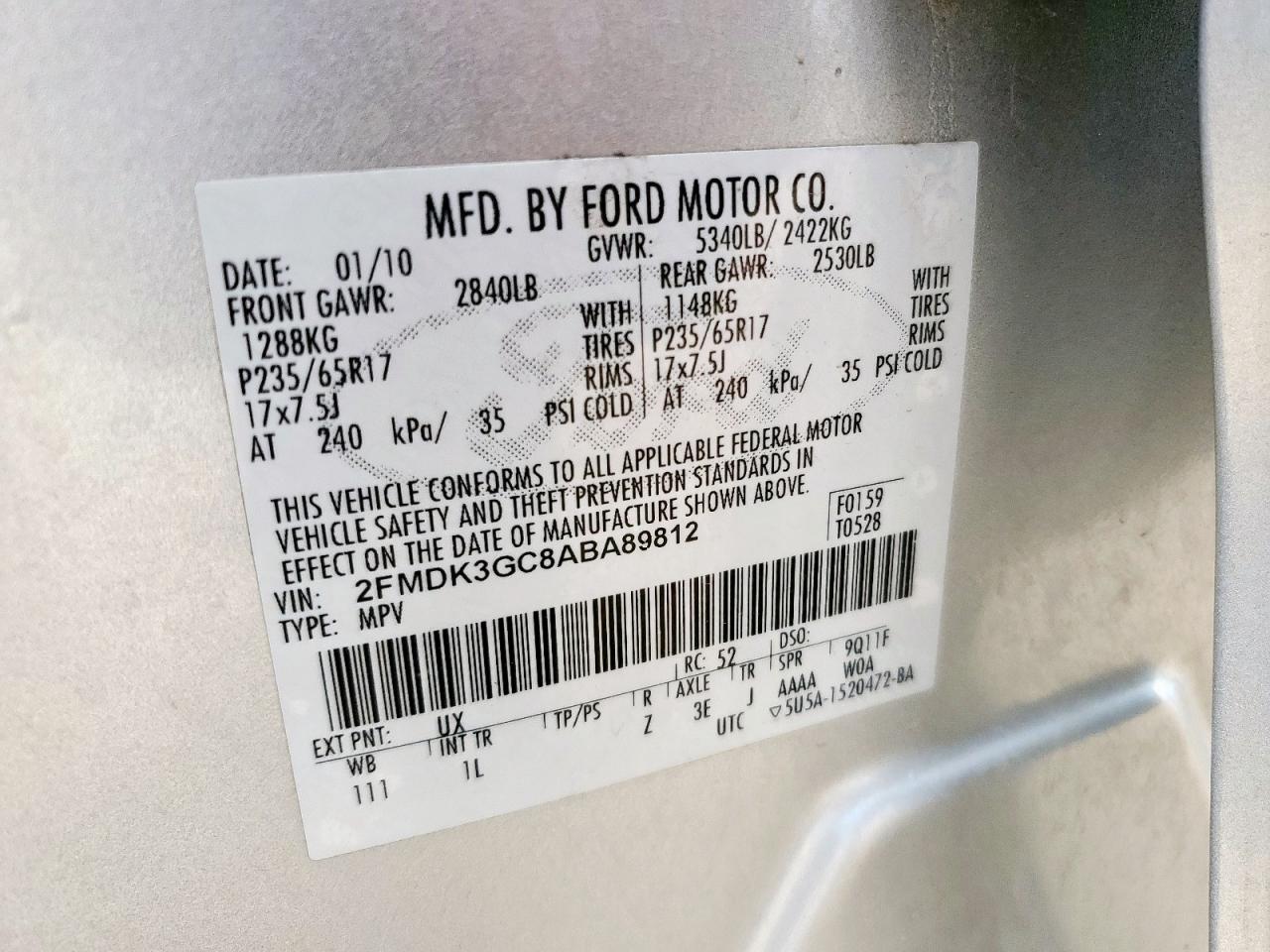 2010 Ford Edge Se VIN: 2FMDK3GC8ABA89812 Lot: 93090455