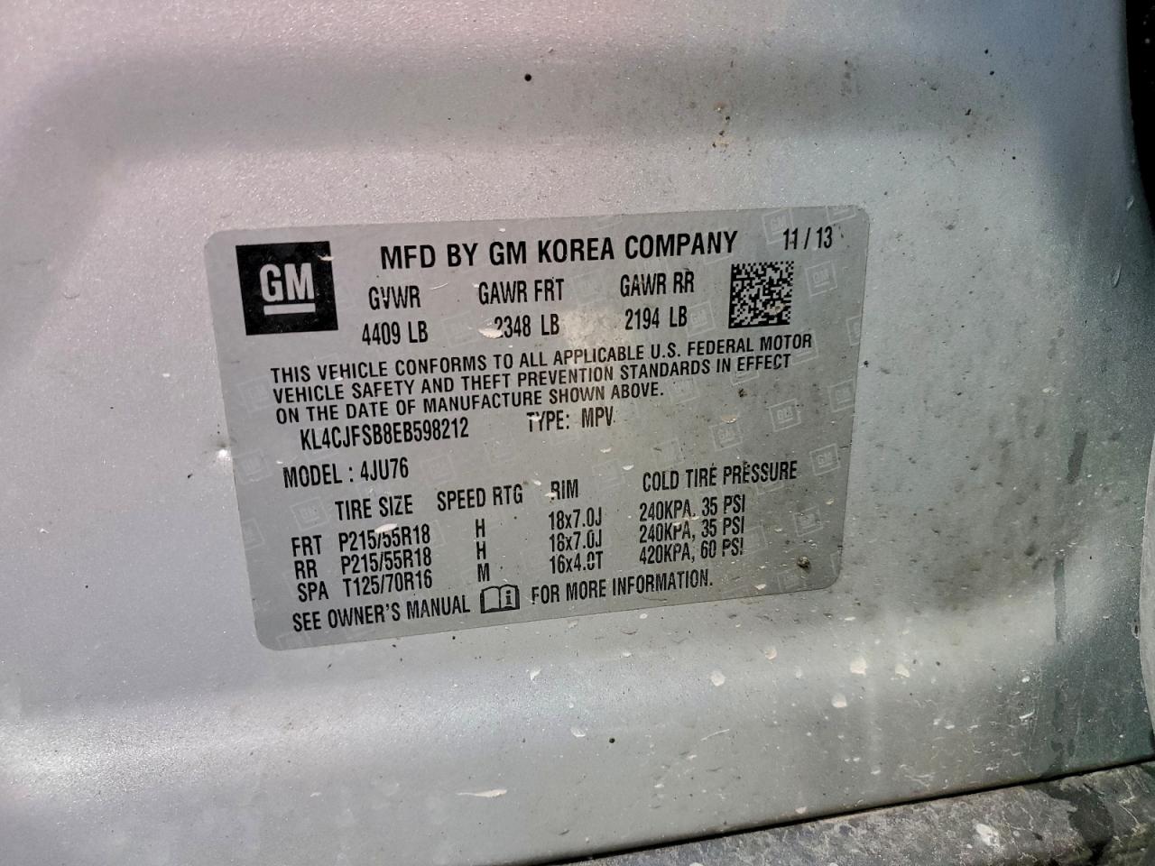 2014 Buick Encore Convenience VIN: KL4CJFSB8EB598212 Lot: 92738365