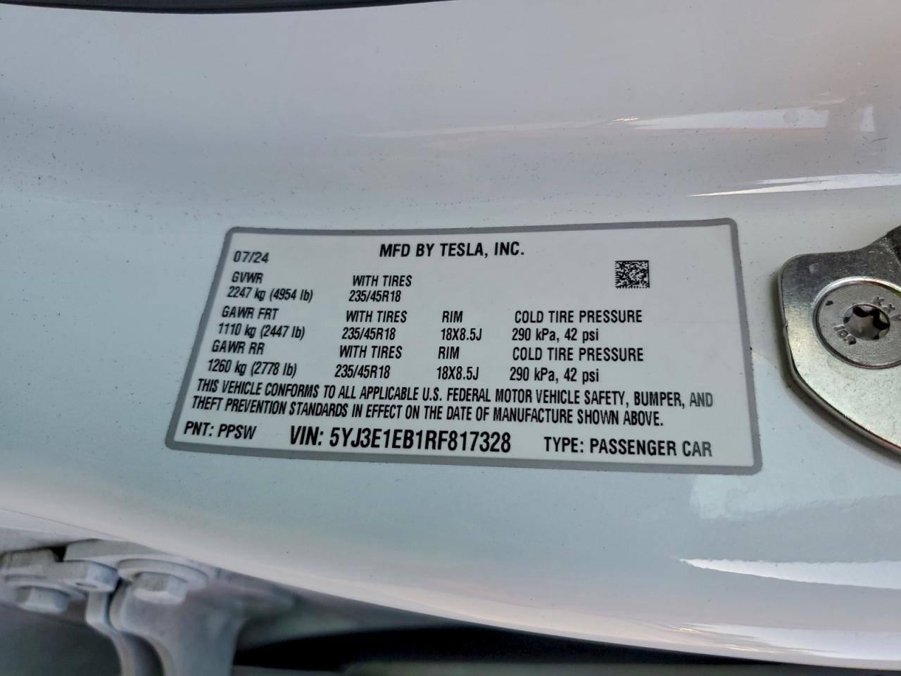 2024 Tesla Model 3 VIN: 5YJ3E1EB1RF817328 Lot: 93424745