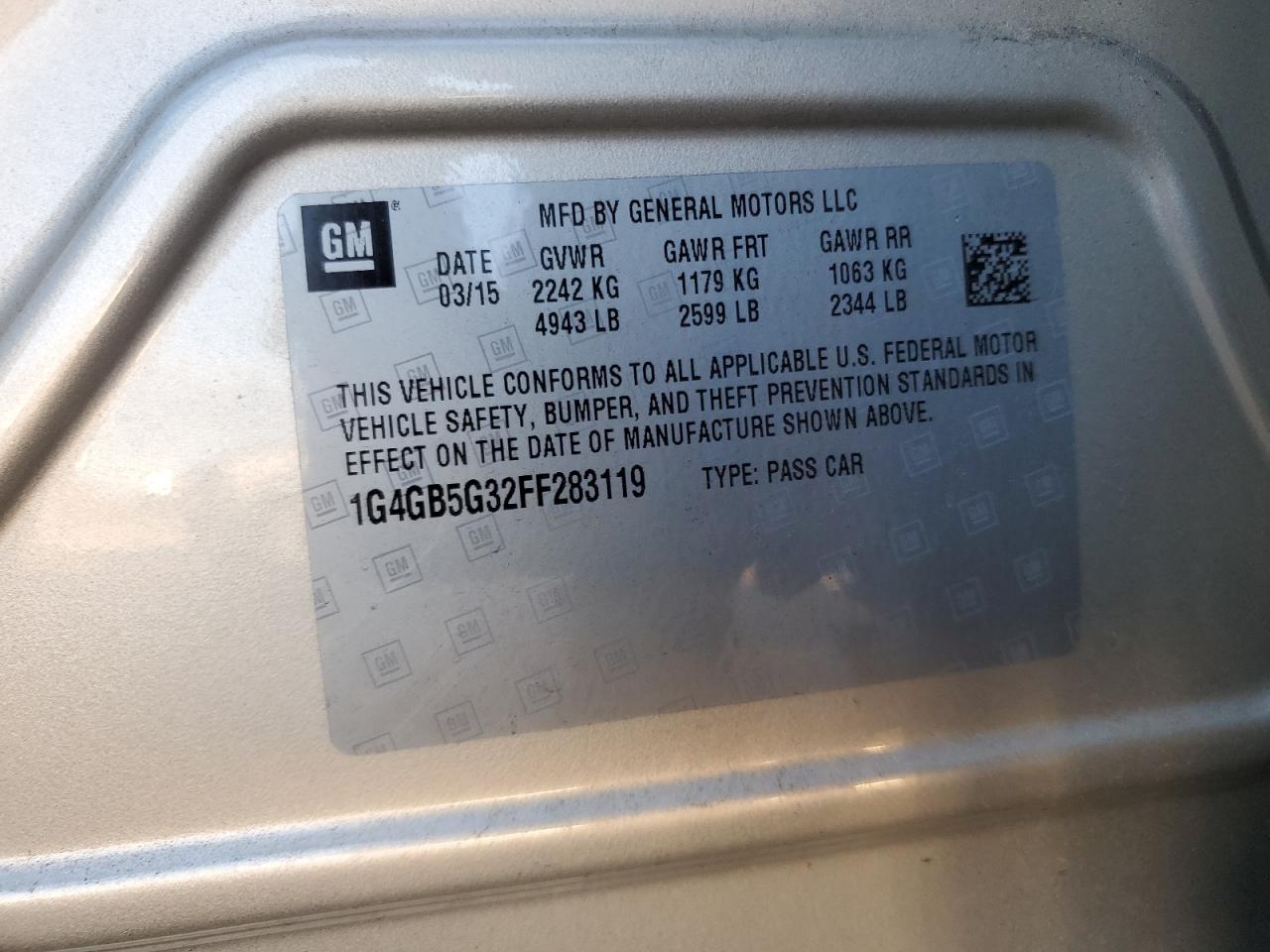 2015 Buick Lacrosse VIN: 1G4GB5G32FF283119 Lot: 91076355