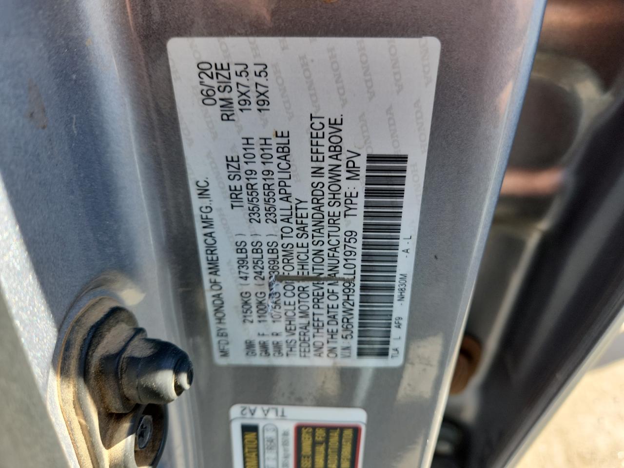 2020 Honda Cr-V Touring VIN: 5J6RW2H99LL019759 Lot: 91072595