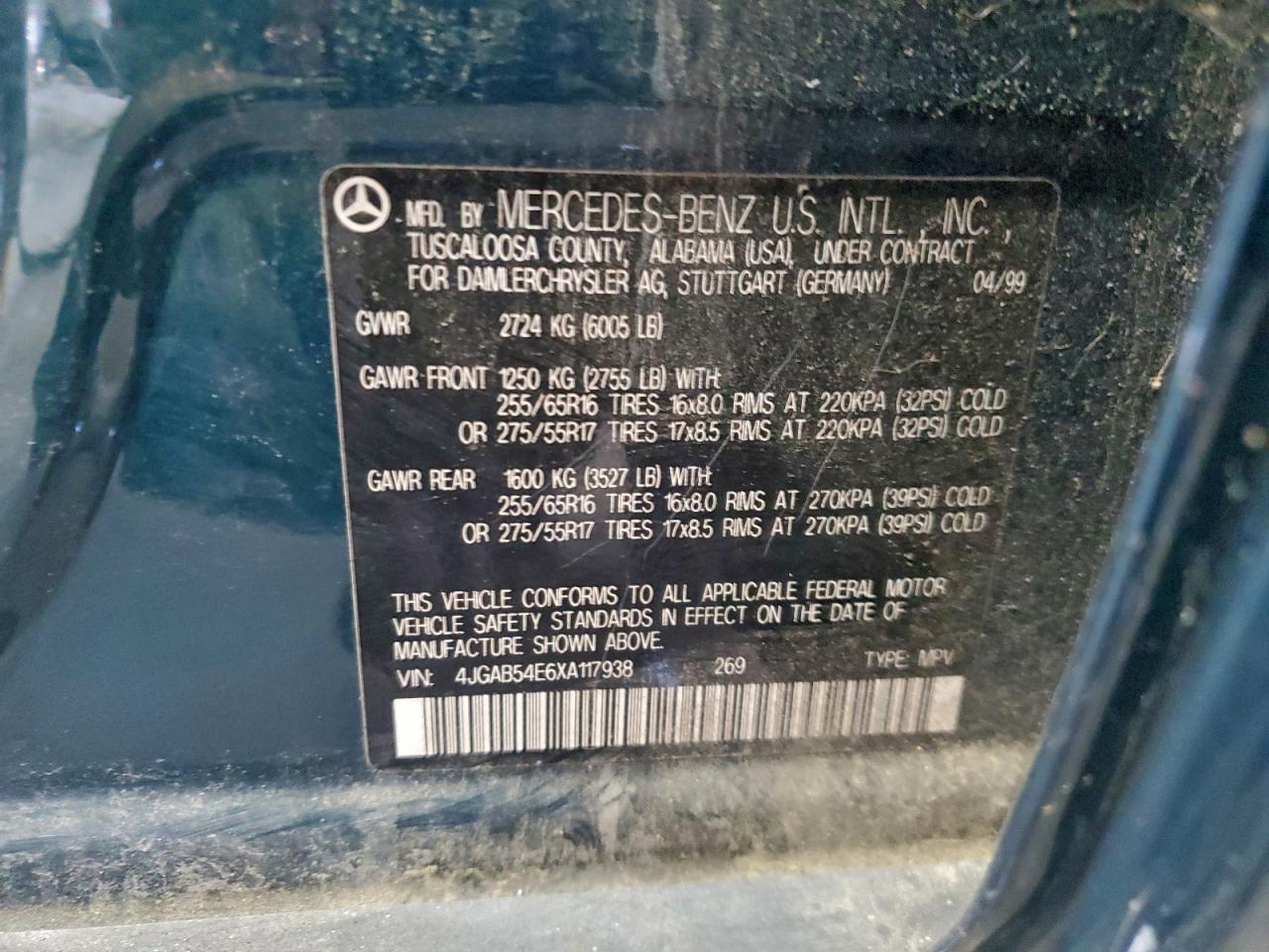 1999 Mercedes-Benz Ml 320 VIN: 4JGAB54E6XA117938 Lot: 93444435