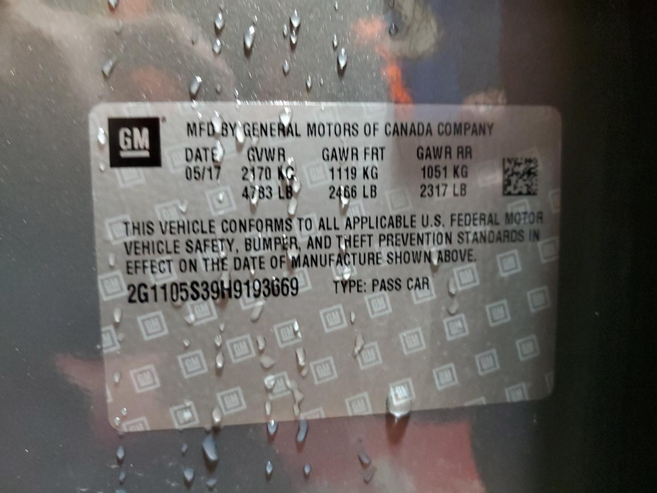 2017 Chevrolet Impala Lt VIN: 2G1105S39H9193669 Lot: 91865735