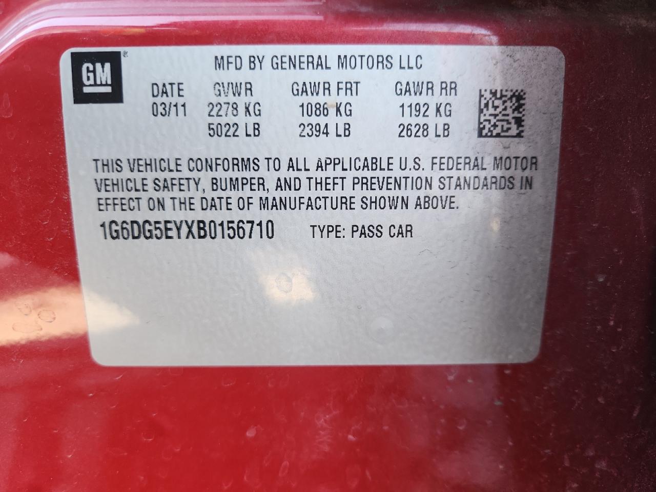 2011 Cadillac Cts Luxury Collection VIN: 1G6DG5EYXB0156710 Lot: 92848285