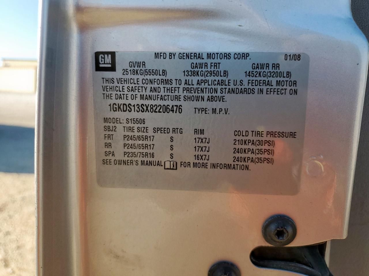 2008 GMC Envoy VIN: 1GKDS13SX82206476 Lot: 92115325