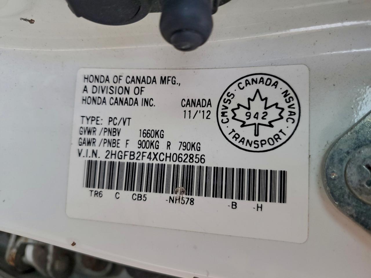 2012 Honda Civic Lx VIN: 2HGFB2F4XCH062856 Lot: 93622875