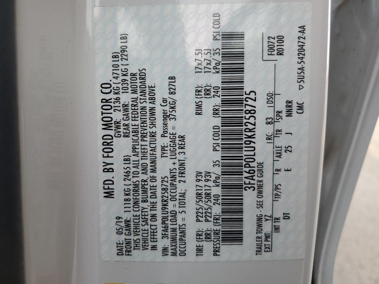 2019 Ford Fusion Se VIN: 3FA6P0LU9KR258725 Lot: 93123195