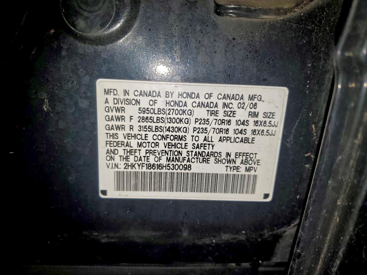 2006 Honda Pilot Ex VIN: 2HKYF18616H530098 Lot: 94068595