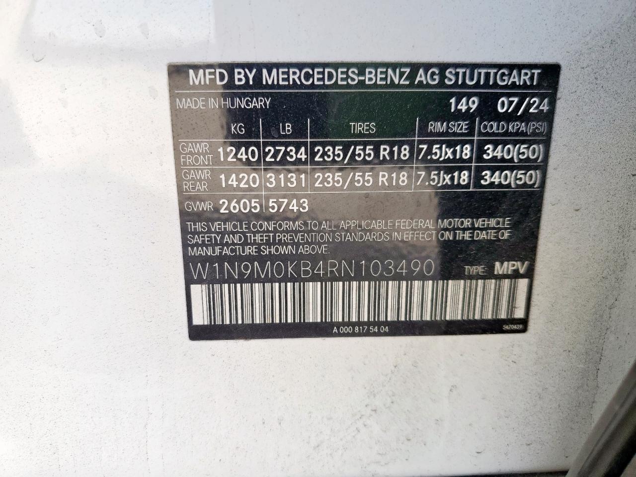 2024 Mercedes-Benz Eqb 300 4Matic VIN: W1N9M0KB4RN103490 Lot: 92332885