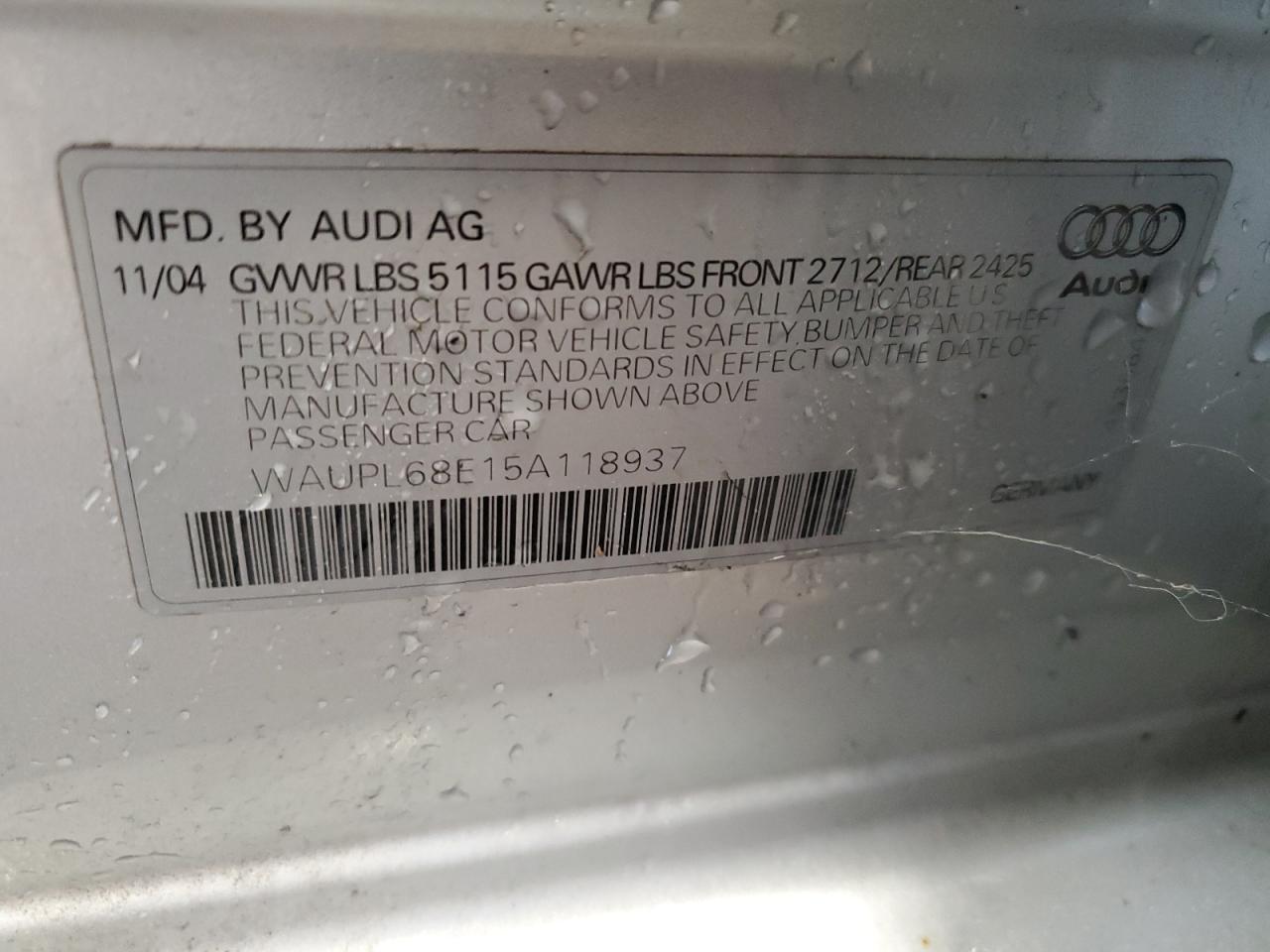 2005 Audi S4 VIN: WAUPL68E15A118937 Lot: 92374395