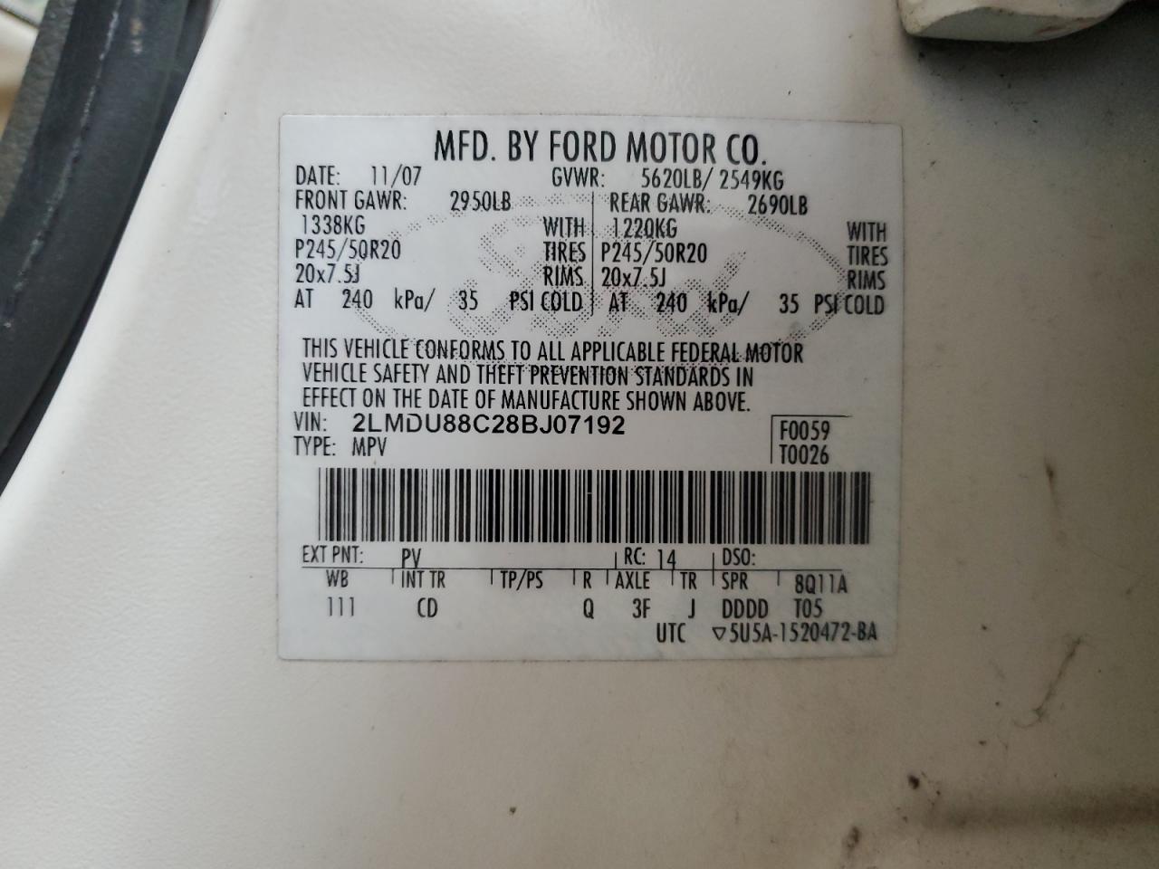 2008 Lincoln Mkx VIN: 2LMDU88C28BJ07192 Lot: 91467765