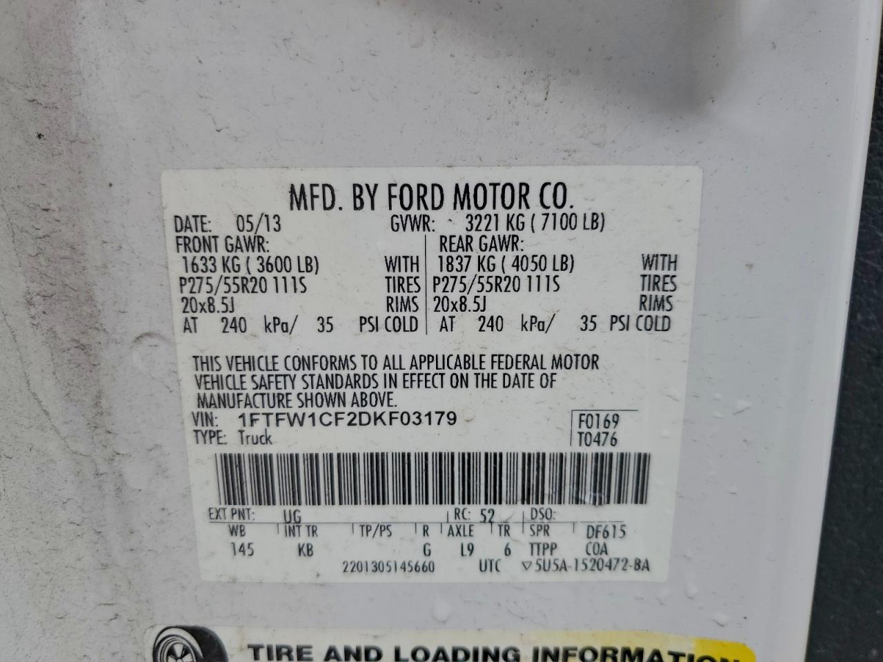 2013 Ford F150 Supercrew VIN: 1FTFW1CF2DKF03179 Lot: 93141305