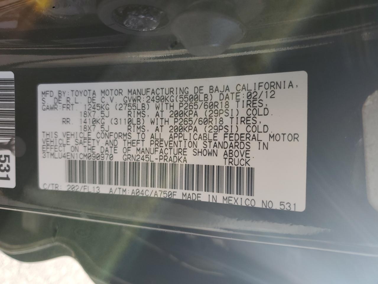 2012 Toyota Tacoma Double Cab VIN: 3TMLU4EN1CM090970 Lot: 92466095