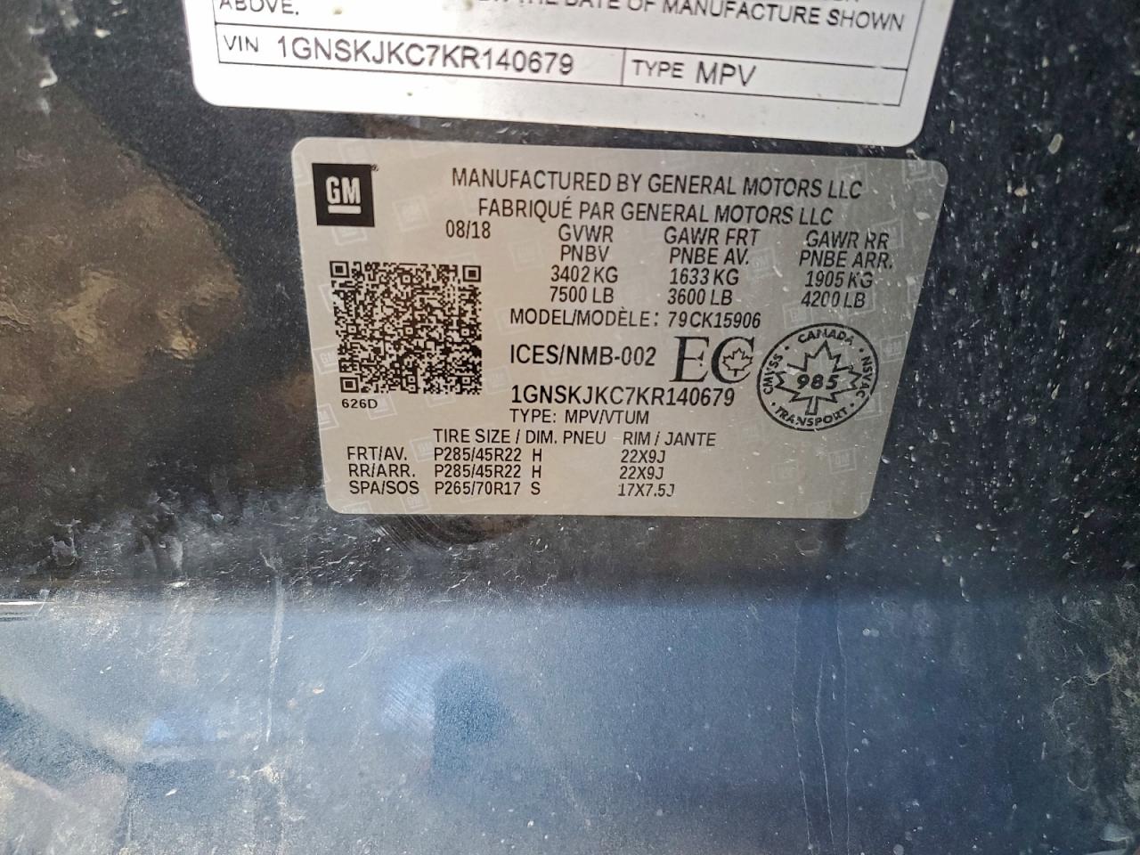 2019 Chevrolet Suburban K1500 Premier VIN: 1GNSKJKC7KR140679 Lot: 93560745