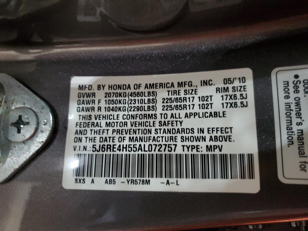2010 Honda Cr-V Ex VIN: 5J6RE4H55AL072757 Lot: 91770055