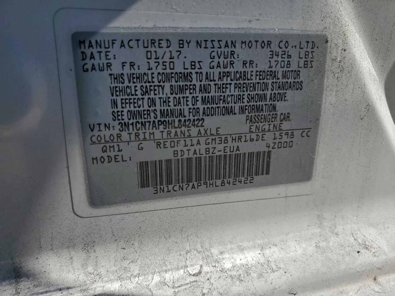 2017 Nissan Versa S VIN: 3N1CN7AP9HL842422 Lot: 94579935