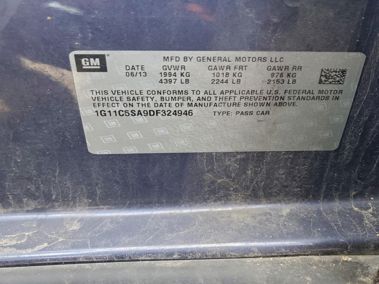 2013 Chevrolet Malibu 1Lt VIN: 1G11C5SA9DF324946 Lot: 93957055