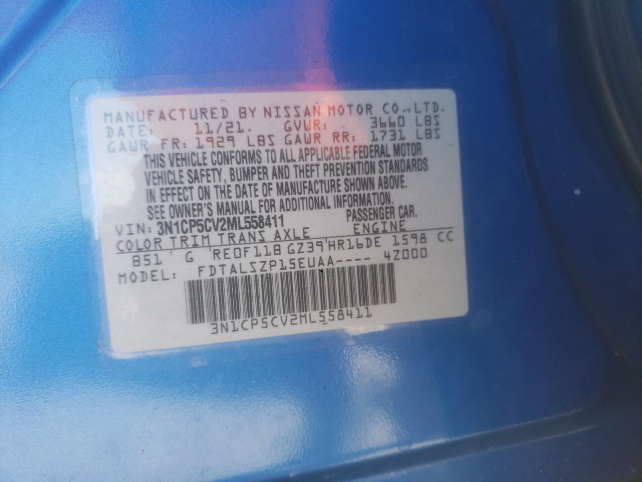 2021 Nissan Kicks Sv VIN: 3N1CP5CV2ML558411 Lot: 93020445