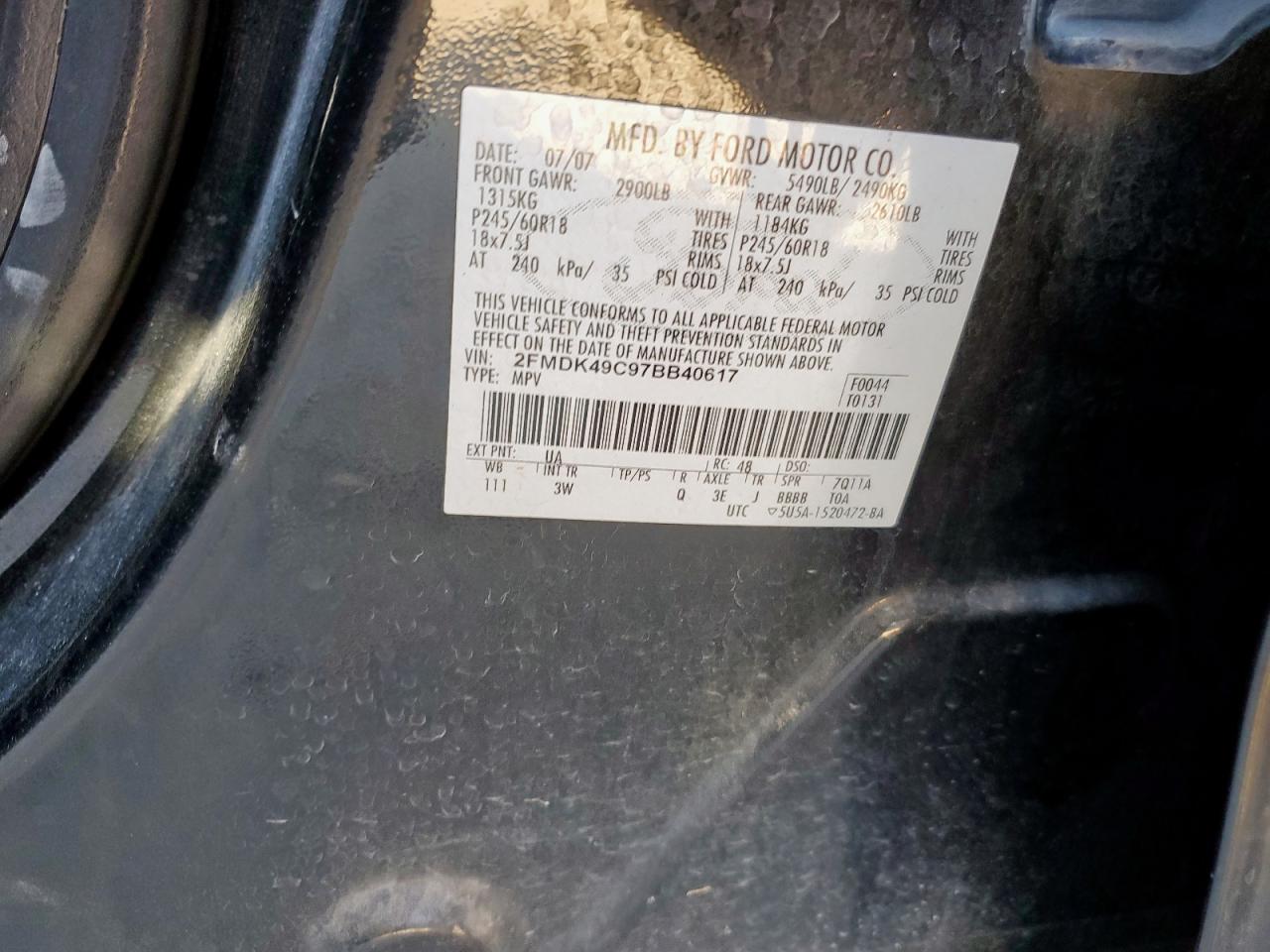 2007 Ford Edge Sel Plus VIN: 2FMDK49C97BB40617 Lot: 92690315