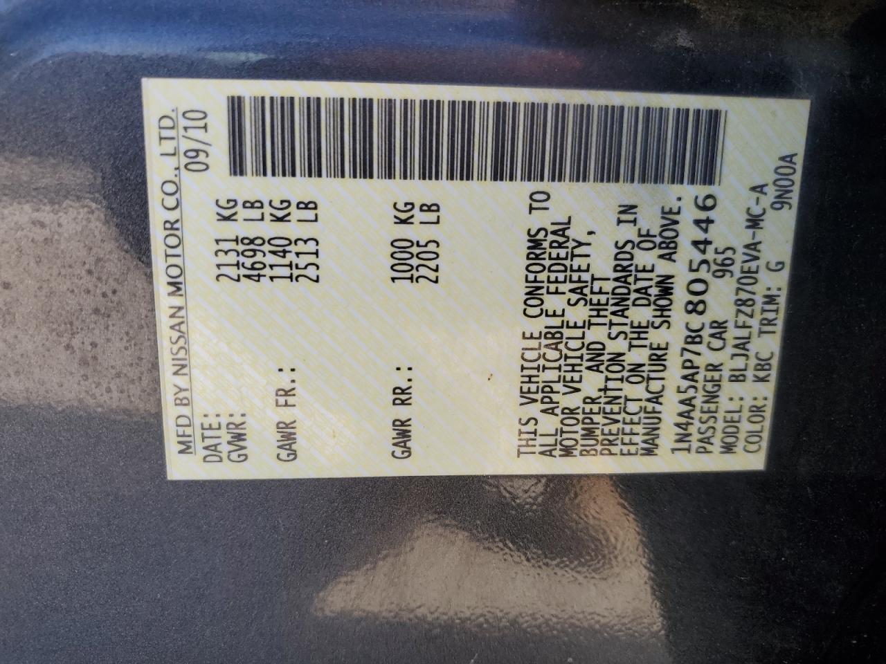 2011 Nissan Maxima S VIN: 1N4AA5AP7BC805446 Lot: 92507395