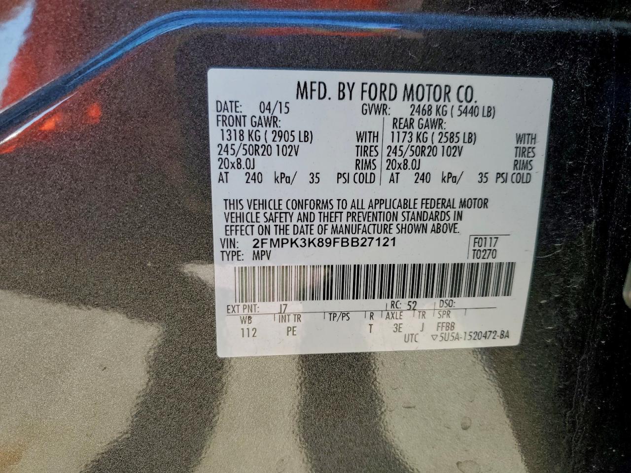 2015 Ford Edge Titanium VIN: 2FMPK3K89FBB27121 Lot: 91996805