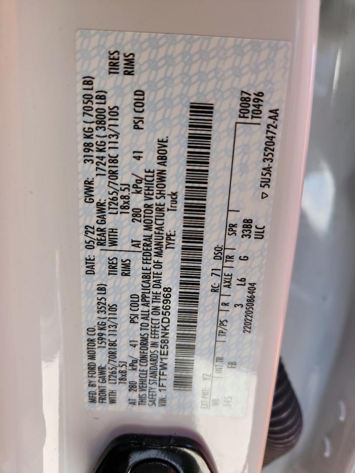 2022 Ford F150 Supercrew VIN: 1FTFW1E58NKD56968 Lot: 92738405