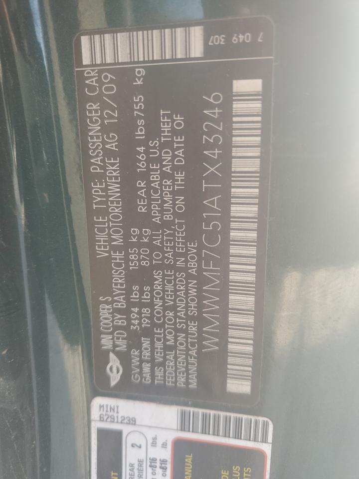 2010 Mini Cooper S VIN: WMWMF7C51ATX43246 Lot: 91339425