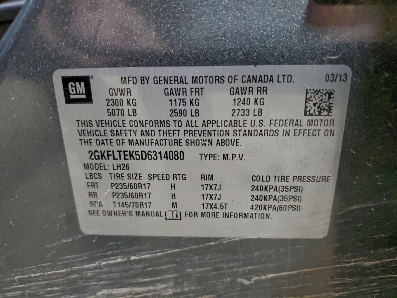 2013 GMC Terrain Sle VIN: 2GKFLTEK5D6314080 Lot: 93958465