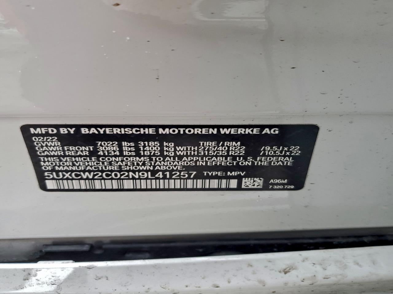 2022 BMW X7 xDrive40I VIN: 5UXCW2C02N9L41257 Lot: 94320845