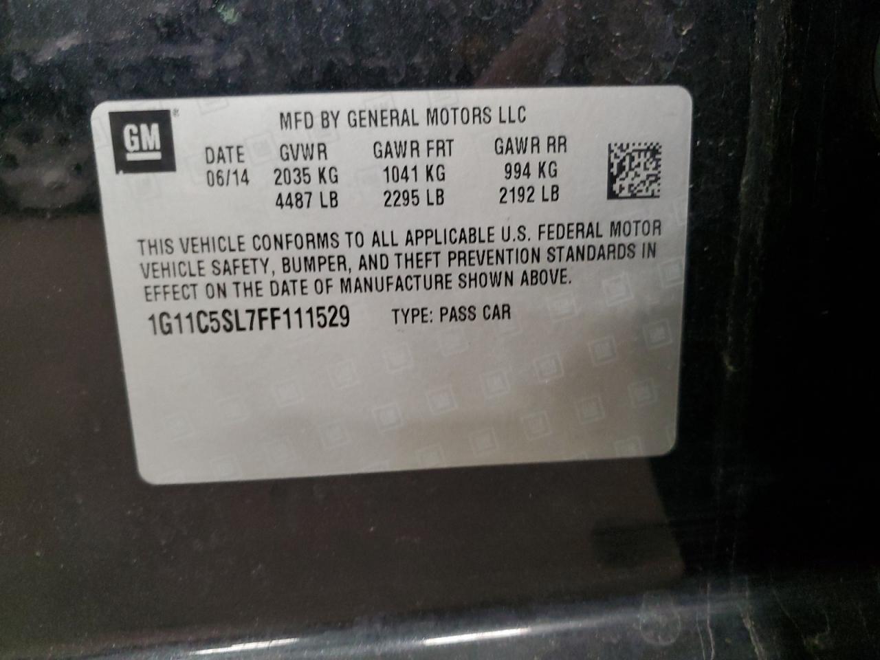 2015 Chevrolet Malibu 1Lt VIN: 1G11C5SL7FF111529 Lot: 93737095